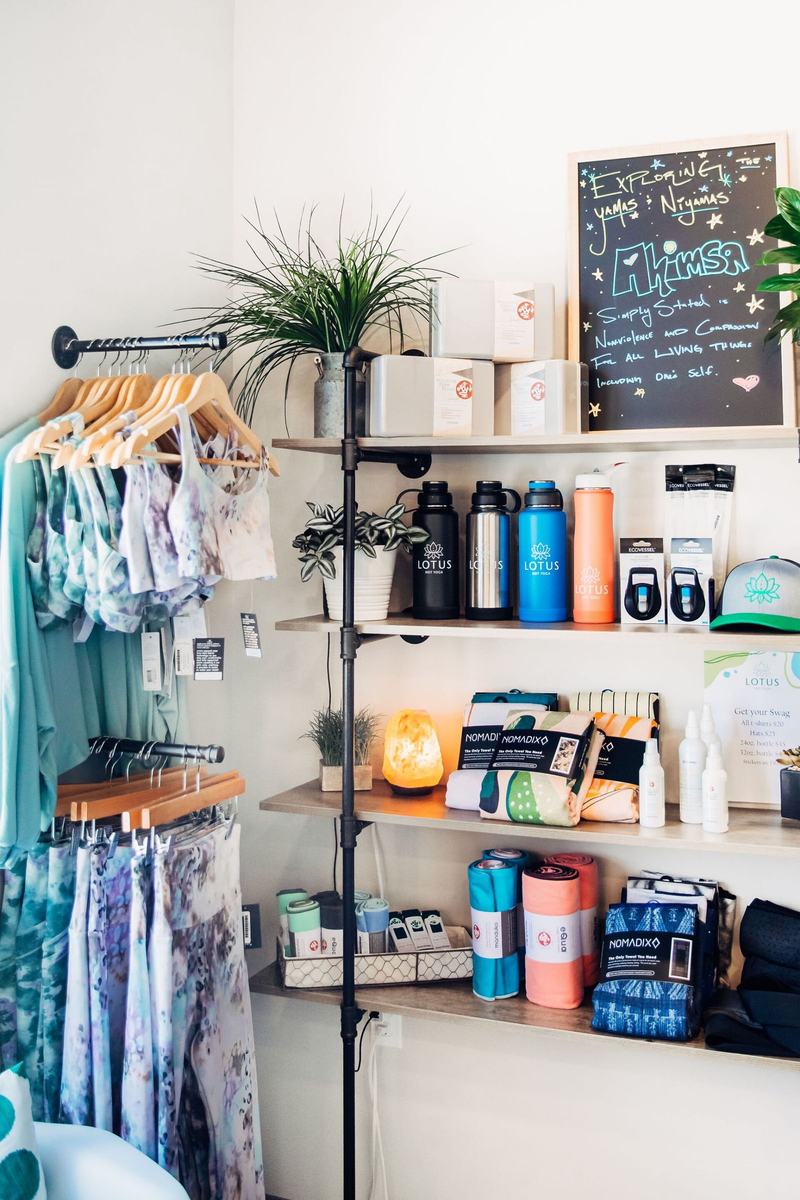 Inside the Lotus Hot Yoga studio and retail shelves